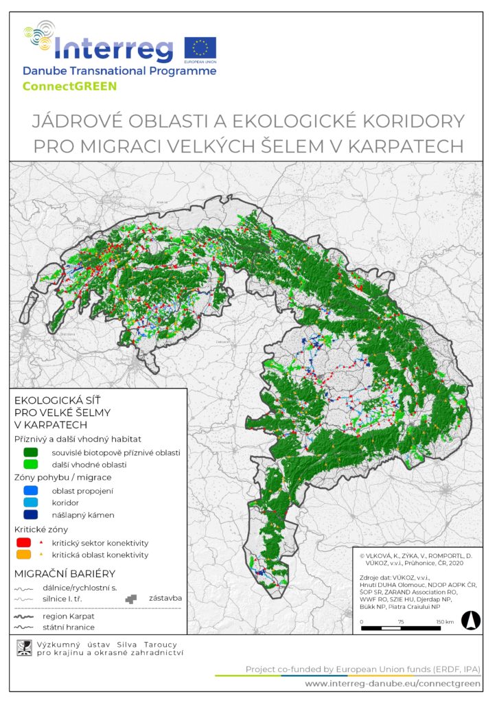 Mapa ekologicke site pro velke selmy v Karpatech